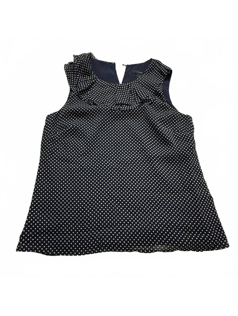 J. CREW 100% Silk SZ 4 Black/White PolkaDot Ruffled Sleeveless Lined Blouse